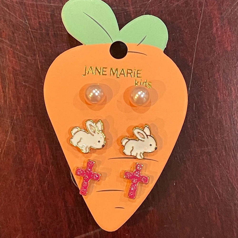 Jane Marie Kids Bunny and Cross Earrings - Pink and White